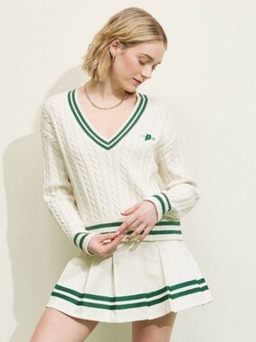 Prince White Cable V-Neck Sweater with Green Stripe Trim